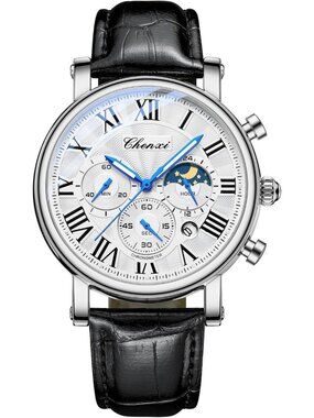 Men's Black And White Leather Multifunctional Military Analog Chronograph Watch